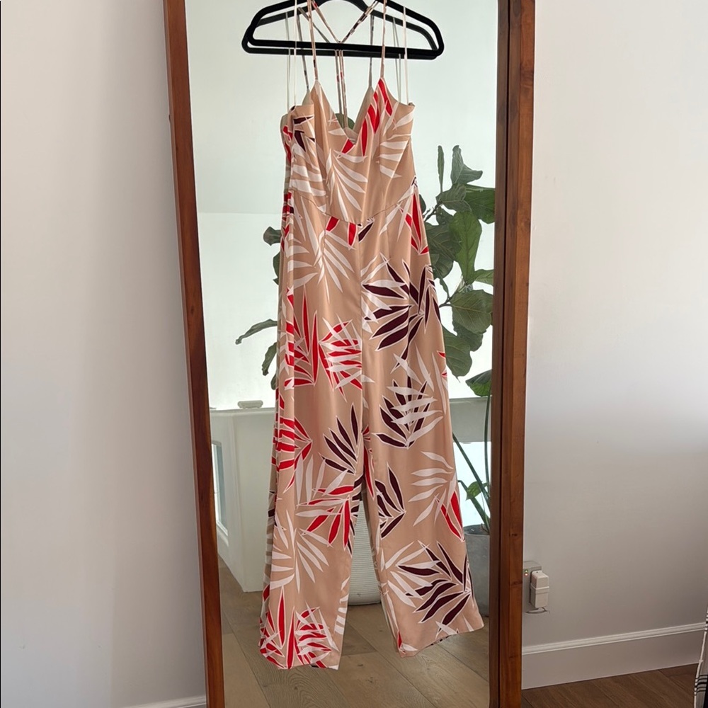 Tropical Print Jumpsuit in Tan and Red Finder Keepers Medium Perfect for Teavel